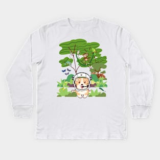 Space Corgi goes to the jungle! - The Cool Astronaut Puppy! Kids Long Sleeve T-Shirt